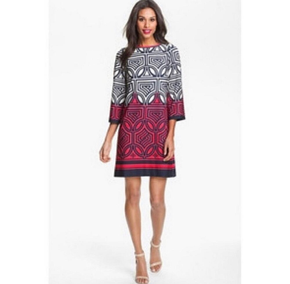 Eliza J Navy White Fuchsia Geometric Print 3/4 Sleeves Shift Dress Size 4